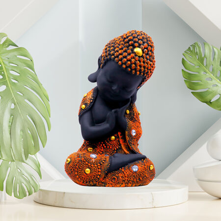 Baby Monk Buddha Showpiece for Home Decor (Black & Orange) Polyresin – 8 Inch