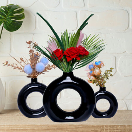Donut-Shaped Flower Vases for Home Decor, Set of 3 (Black) Polyresin – 8 Inch