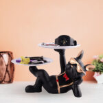 Luxury French Bulldog Double Tray Organizer 7-Inch Black & Gold Resin Decorative Storage