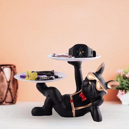 Luxury French Bulldog Double Tray Organizer 7-Inch Black & Gold Resin Decorative Storage